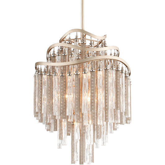 Chimera Chandelier by Corbett in tranquility silver leaf. Made from hand crafted iron in a unique style.