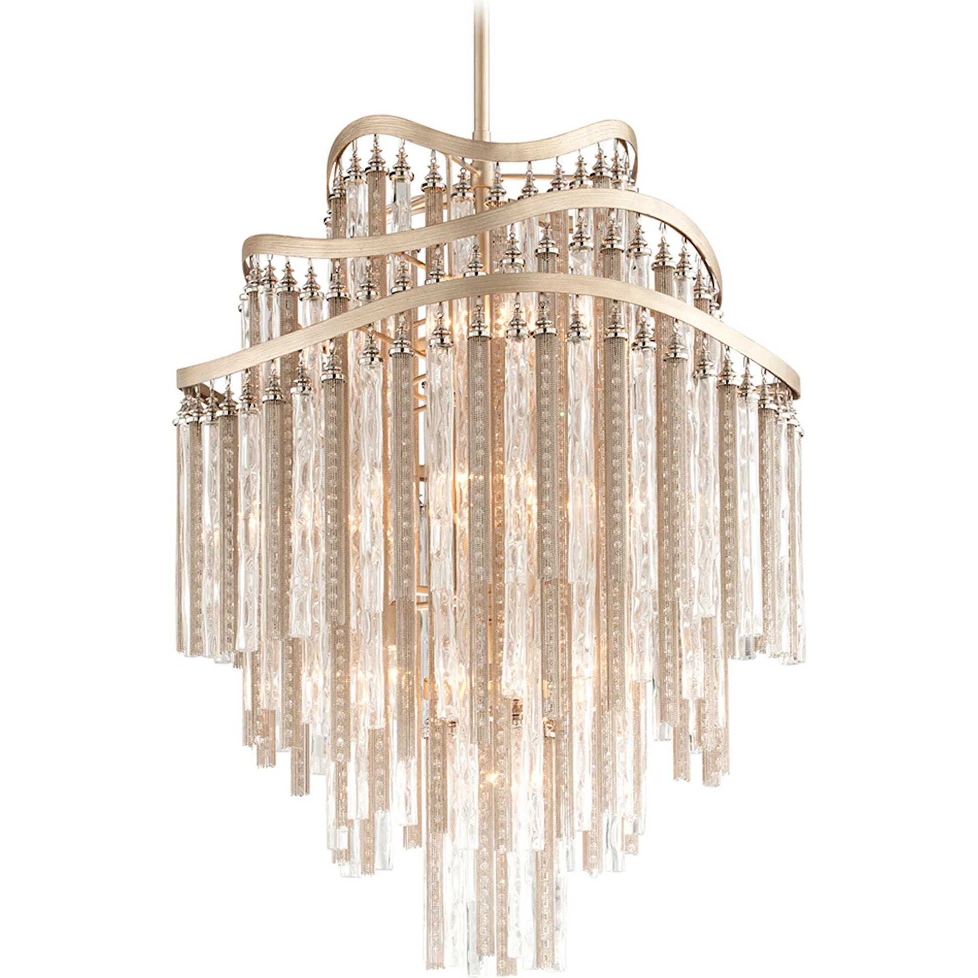 Chimera 10 Light Chandelier by Corbett in tranquility silver leaf. Made from hand-worked iron in a modern style.