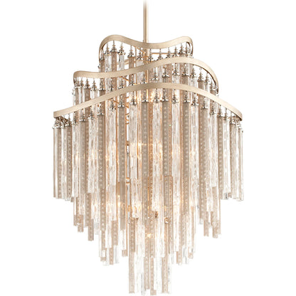 Chimera 10 Light Chandelier by Corbett in tranquility silver leaf. Made from hand-worked iron in a modern style.