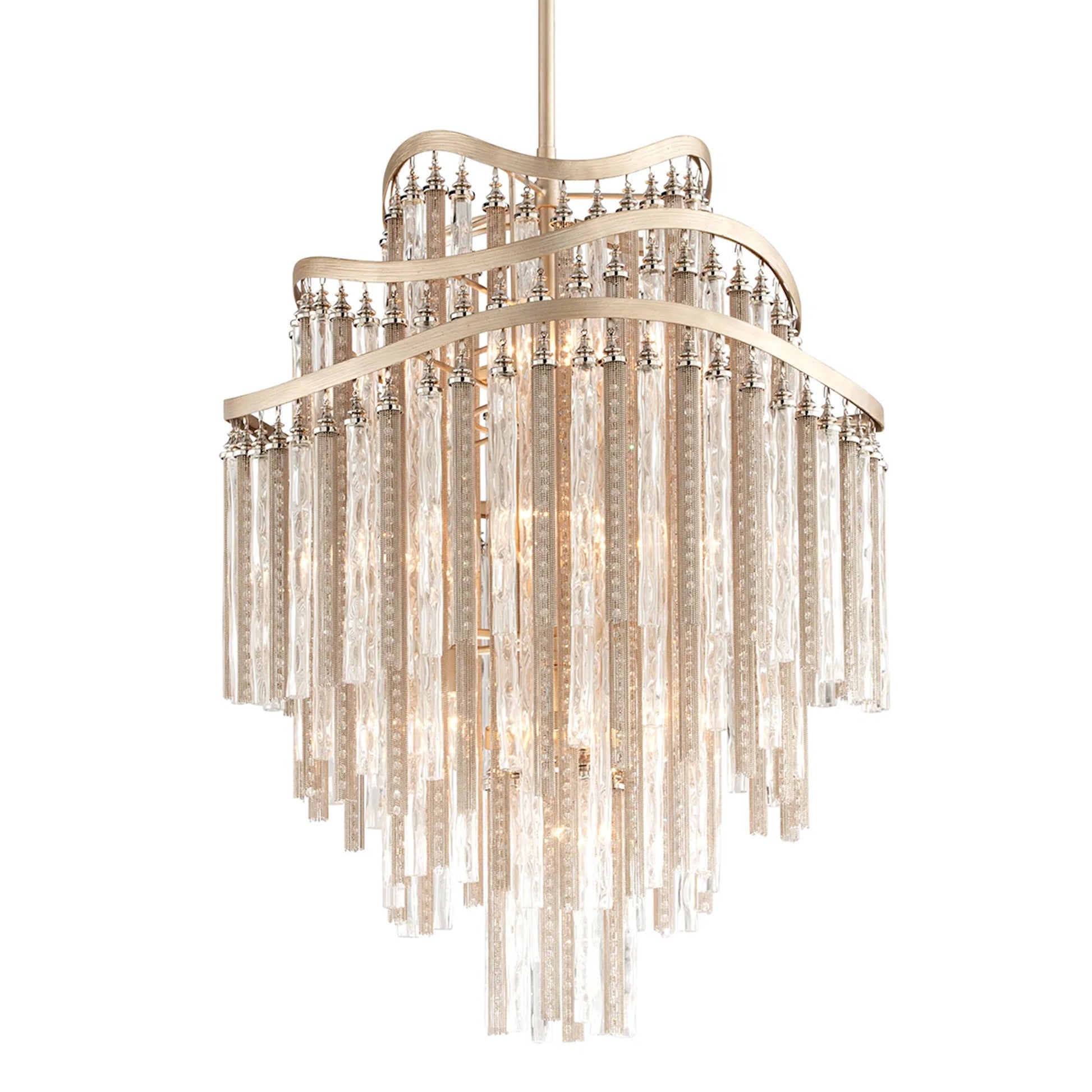 Chimera 10 Light Chandelier by Corbett in tranquility silver leaf. Made from hand-worked iron in a modern style.