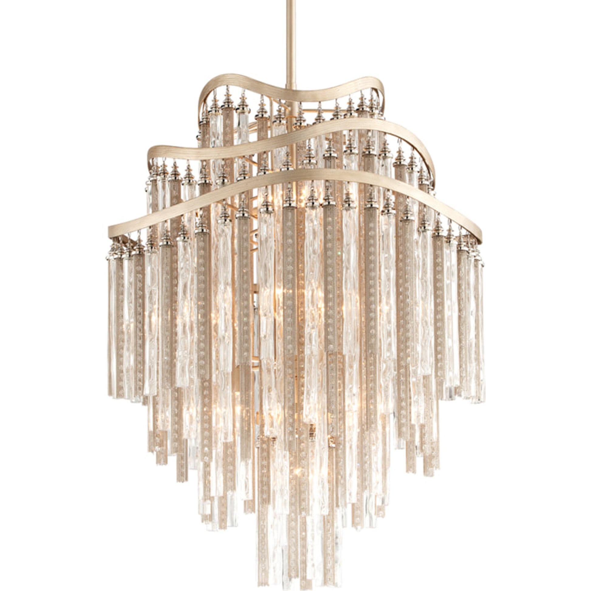 Chimera 10 Light Chandelier by Corbett in tranquility silver leaf. Made from hand-worked iron in a modern style.