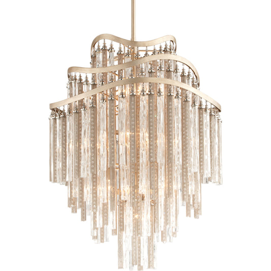 Chimera 10 Light Chandelier by Corbett in tranquility silver leaf. Made from hand-worked iron in a modern style.