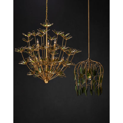 Midsummer Chandelier by Currey and Company in contemporary gold leaf, contemporary gold, green. Made from wrought iron, recycled bottle glass in a modern style.