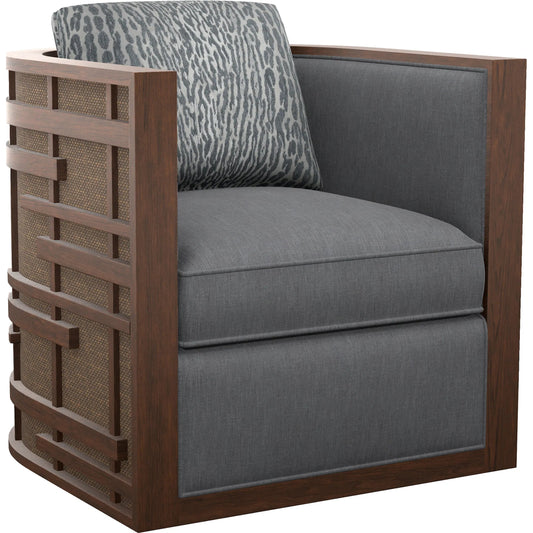 Semerang Swivel Chair by Tommy Bahama Home in brown. Made from mahogany, fabric in a unique style.