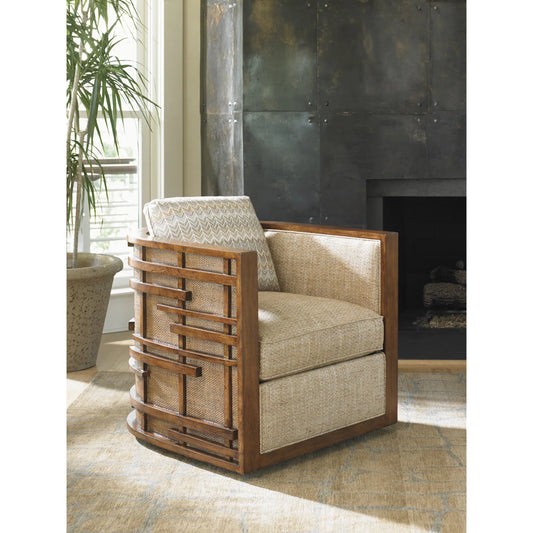 Semerang Swivel Chair by Tommy Bahama Home in brown. Made from mahogany, fabric in a unique style.