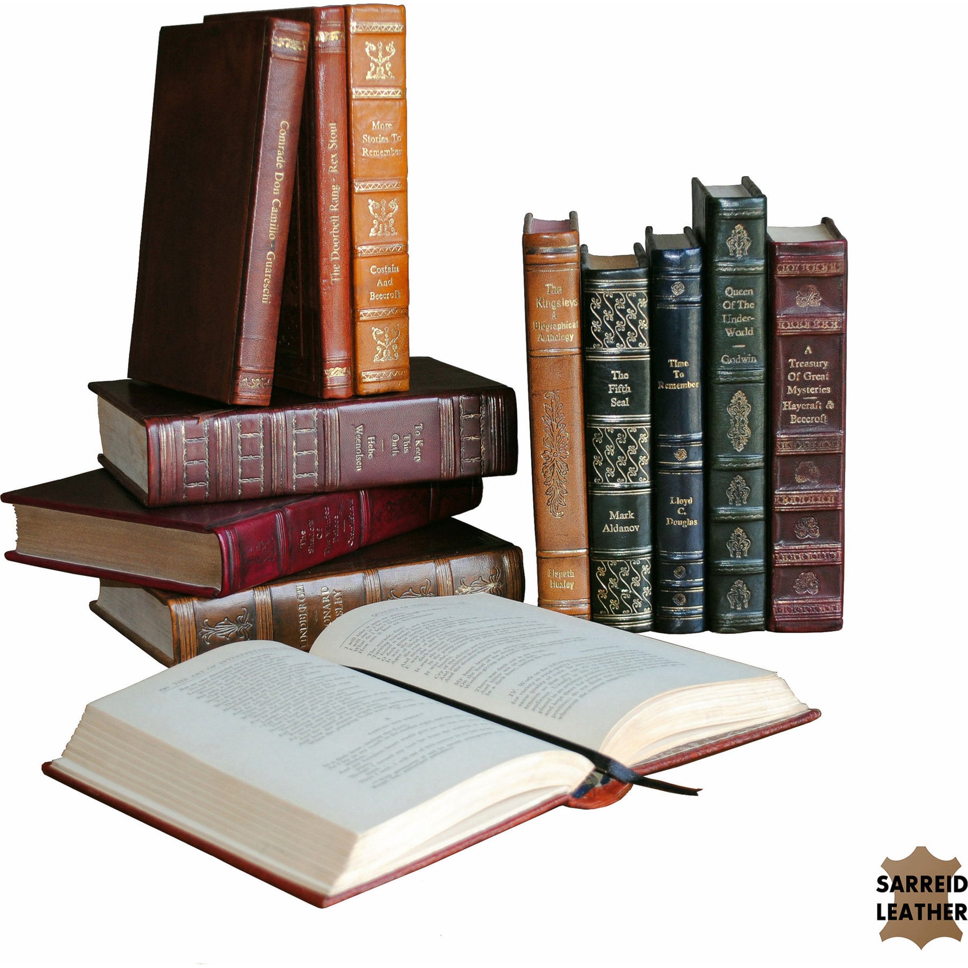 Rebound Leather Books by Sarreid Ltd. in multi and each book unique asst.colors sizes. Made from leather in a cottage & farmhouse style.