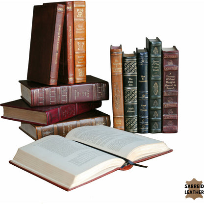 Rebound Leather Books by Sarreid Ltd. in multi and each book unique asst.colors sizes. Made from leather in a cottage & farmhouse style.