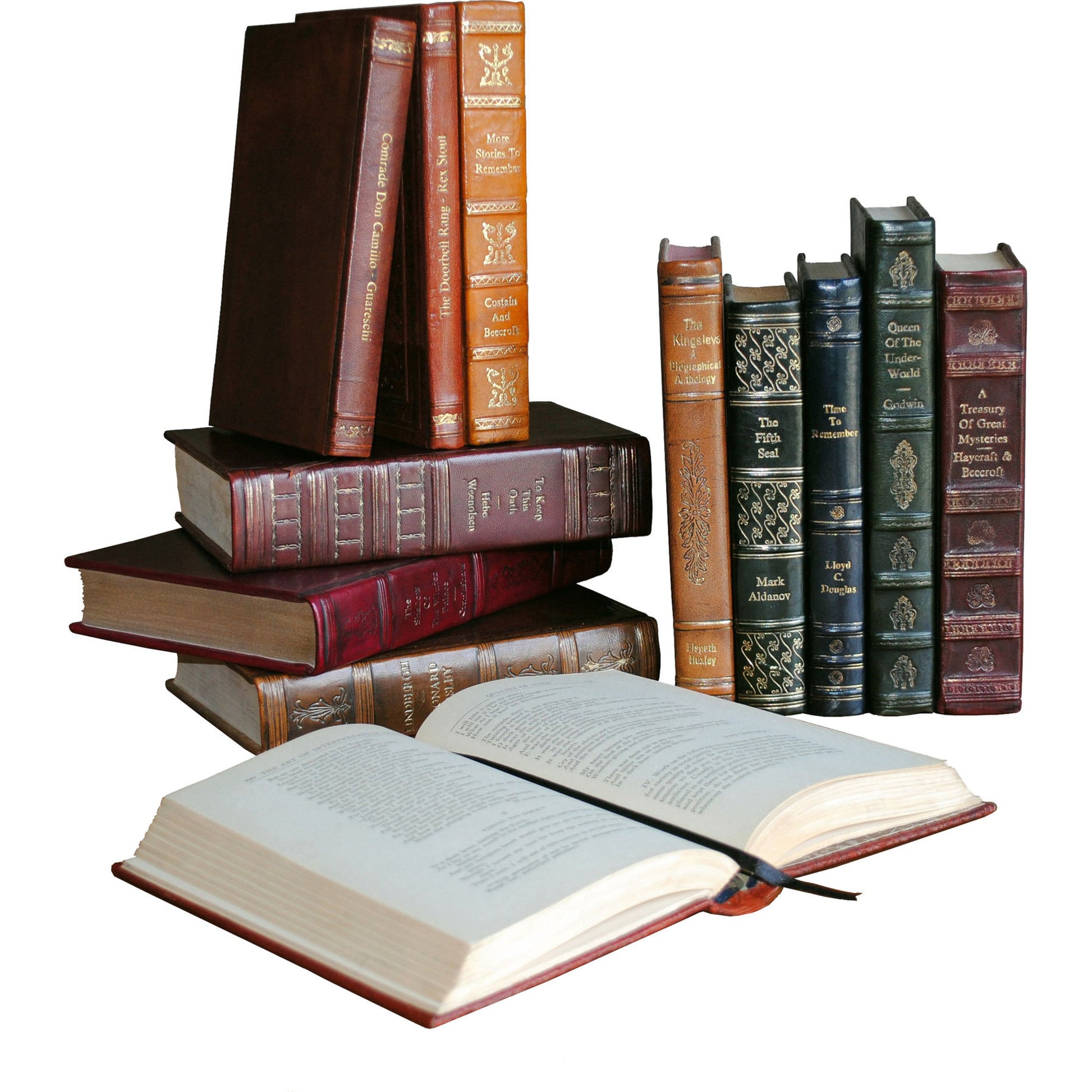 Rebound Leather Books by Sarreid Ltd. in multi and each book unique asst.colors sizes. Made from leather in a cottage & farmhouse style.