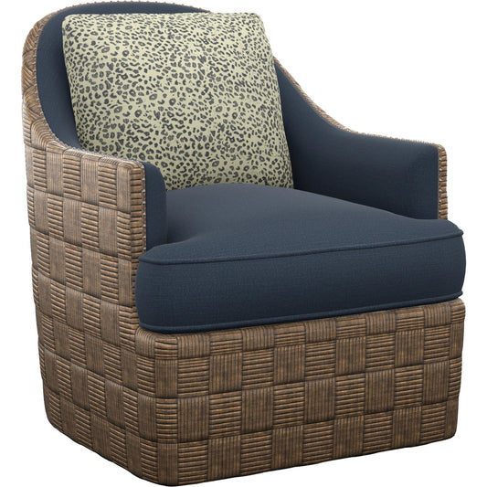 Nagano Swivel Chair by Tommy Bahama Home in brown. Made from rattan, fabric in a coastal style.