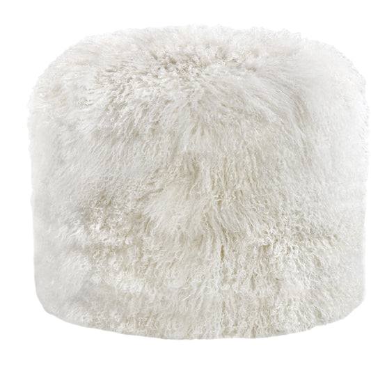 Amal Stool by Interlude Home in ivory. Made from sheepskin, wood in a transitional style.