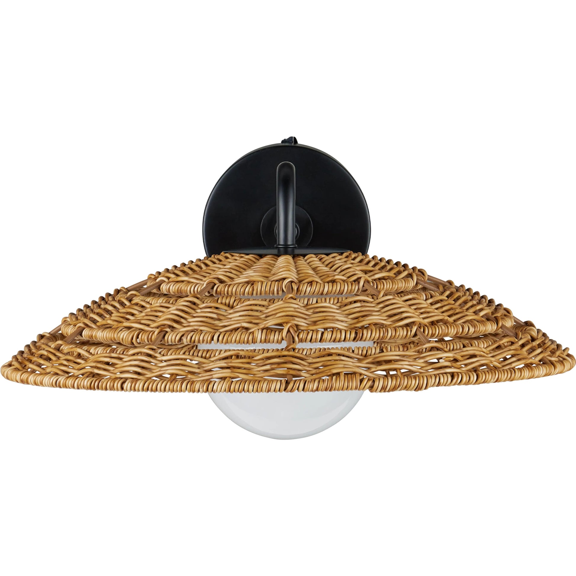 Barbary Outdoor Wall Sconce by Currey and Company in natural, black, frosted white. Made from all-weather wicker, metal, glass in a rustic style.