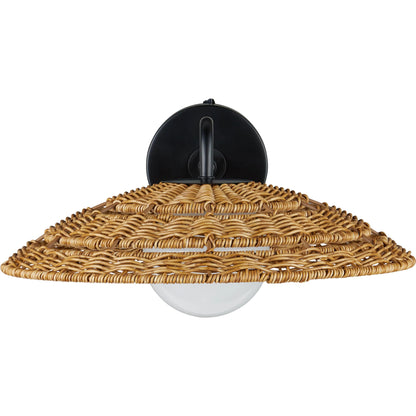 Barbary Outdoor Wall Sconce by Currey and Company in natural, black, frosted white. Made from all-weather wicker, metal, glass in a rustic style.