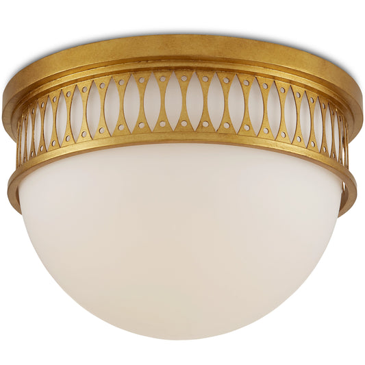 Lola Flush Mount by Currey and Company in contemporary gold leaf, painted contemporary gold. Made from wrought iron, milk glass in a modern style.
