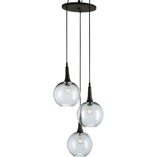 Beckett Trio Pendant by Currey and Company in emery rust. Made from wrought iron, glass in a modern style.