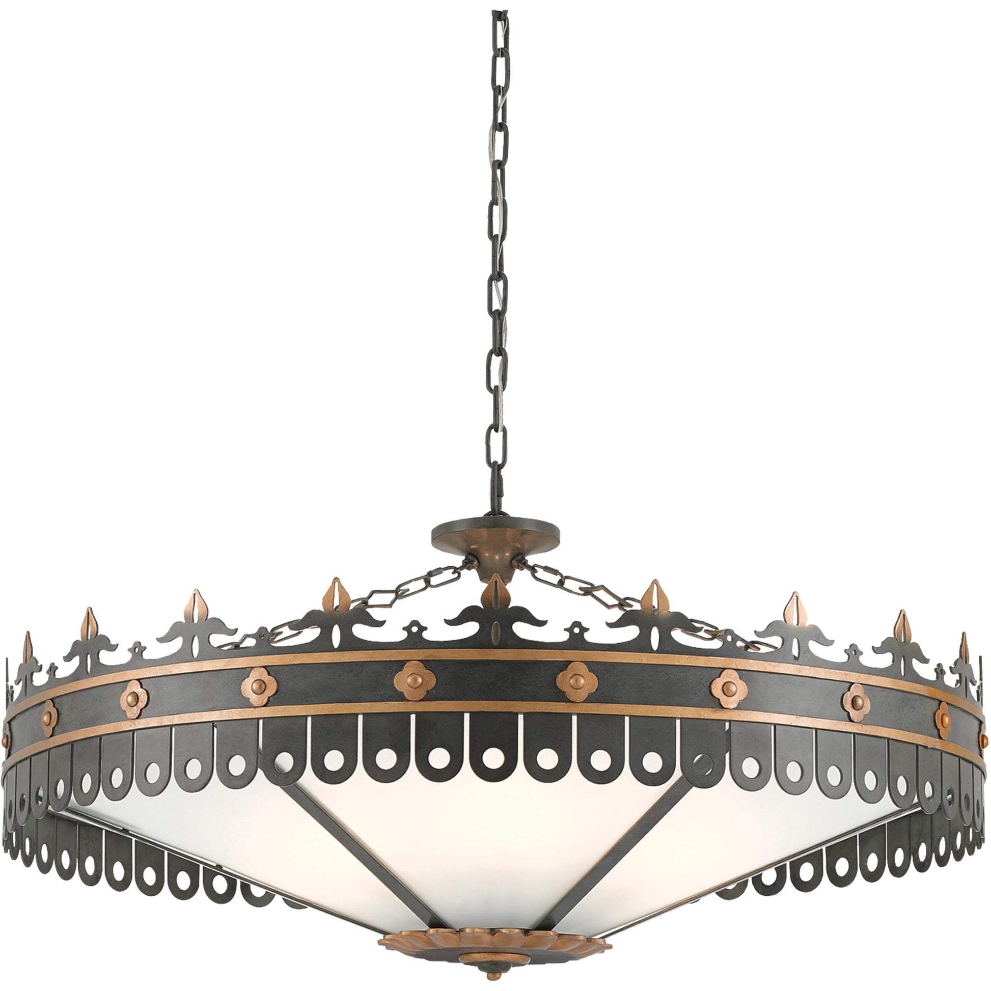 Berkeley Chandelier by Currey and Company in antique gold, moss gray. Made from wrought iron, acrylic in a traditional style.