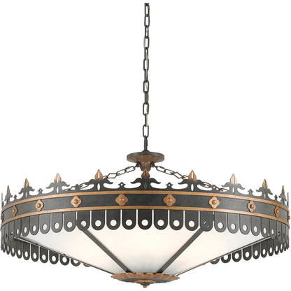Berkeley Chandelier by Currey and Company in antique gold, moss gray. Made from wrought iron, acrylic in a traditional style.