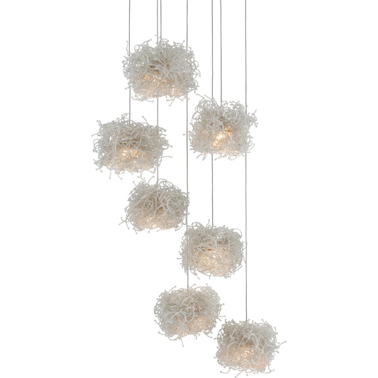 Birds Nest Pendant by Currey and Company in painted silver, clear. Made from metal, glass bead in a modern style.