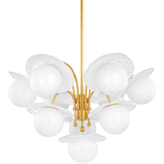 Stampford Chandelier by Hudson Valley in aged brass. Made from steel in a unique style.