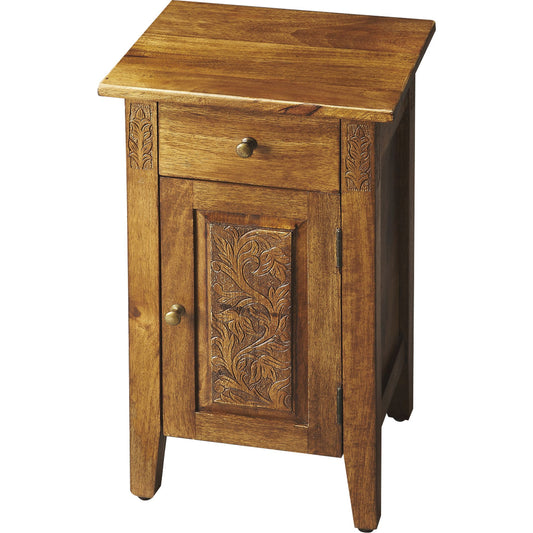 Webster Hand Carved Chairside Chest by Butler Specialty Company in light brown and artifacts. Made from mango wood solids, mdf in a traditional style.