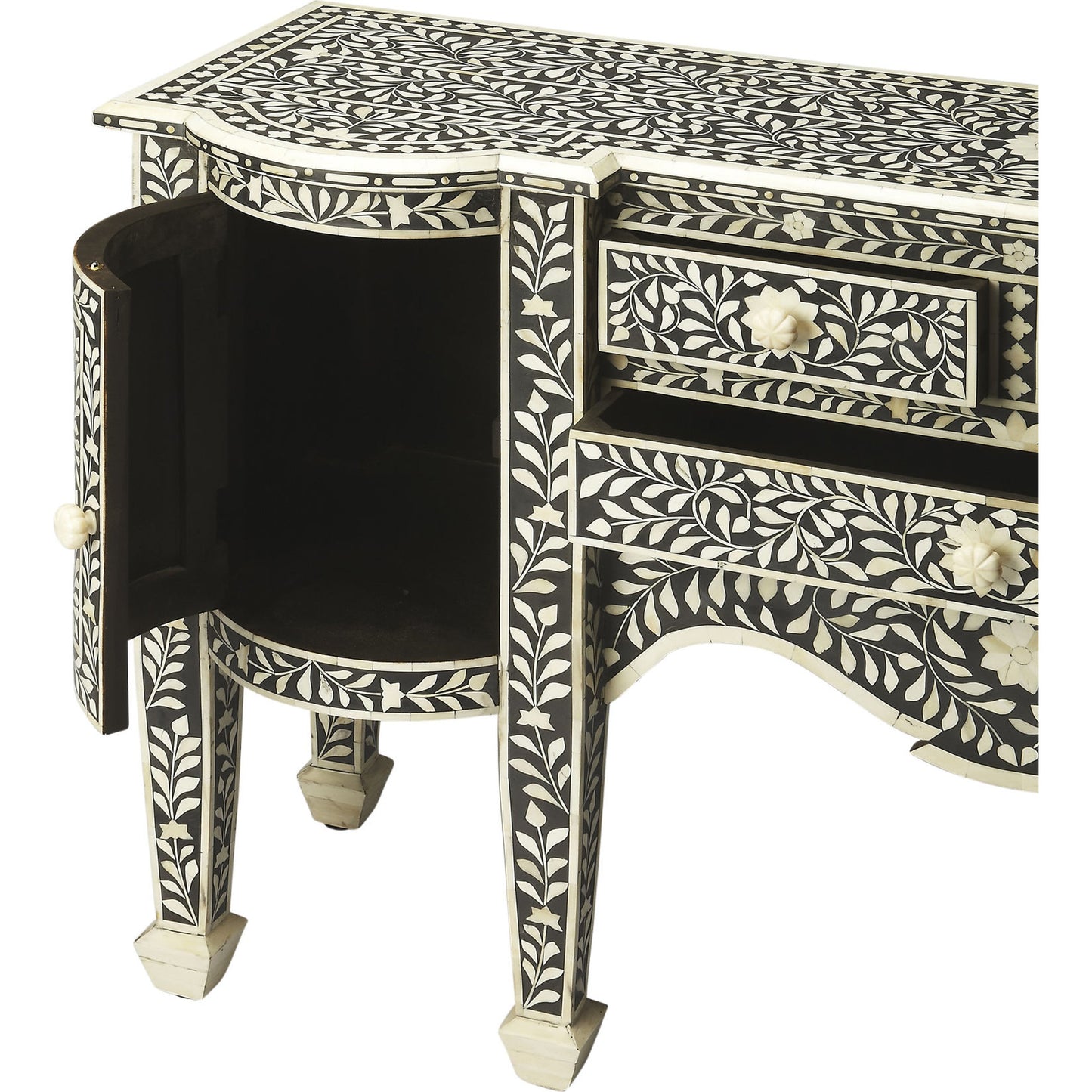 002 O-BUTLER-1843070 | Closeup | Victoria Buffet by Butler Specialty Company in black and heritage. Made from wood, mdf, bone in a eclectic & global style.