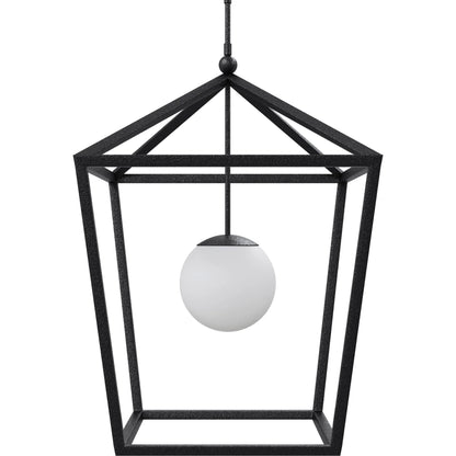 Denison Outdoor Lantern by Currey and Company in black, frosted white. Made from wrought iron, glass in a modern style.