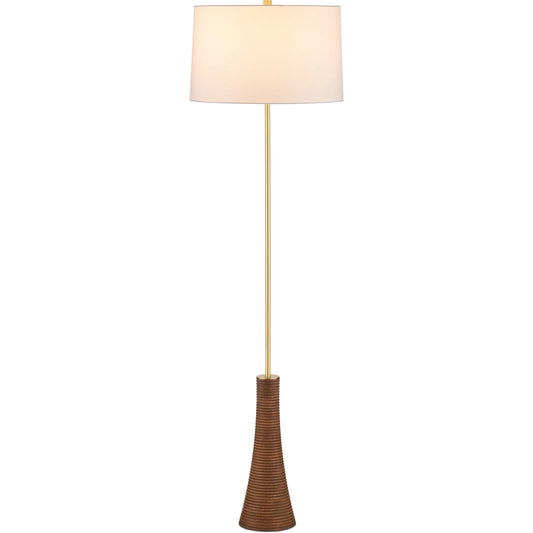 Lathe Floor Lamp by Currey and Company in natural, brushed brass. Made from stainless steel, brass, wood in a transitional style.