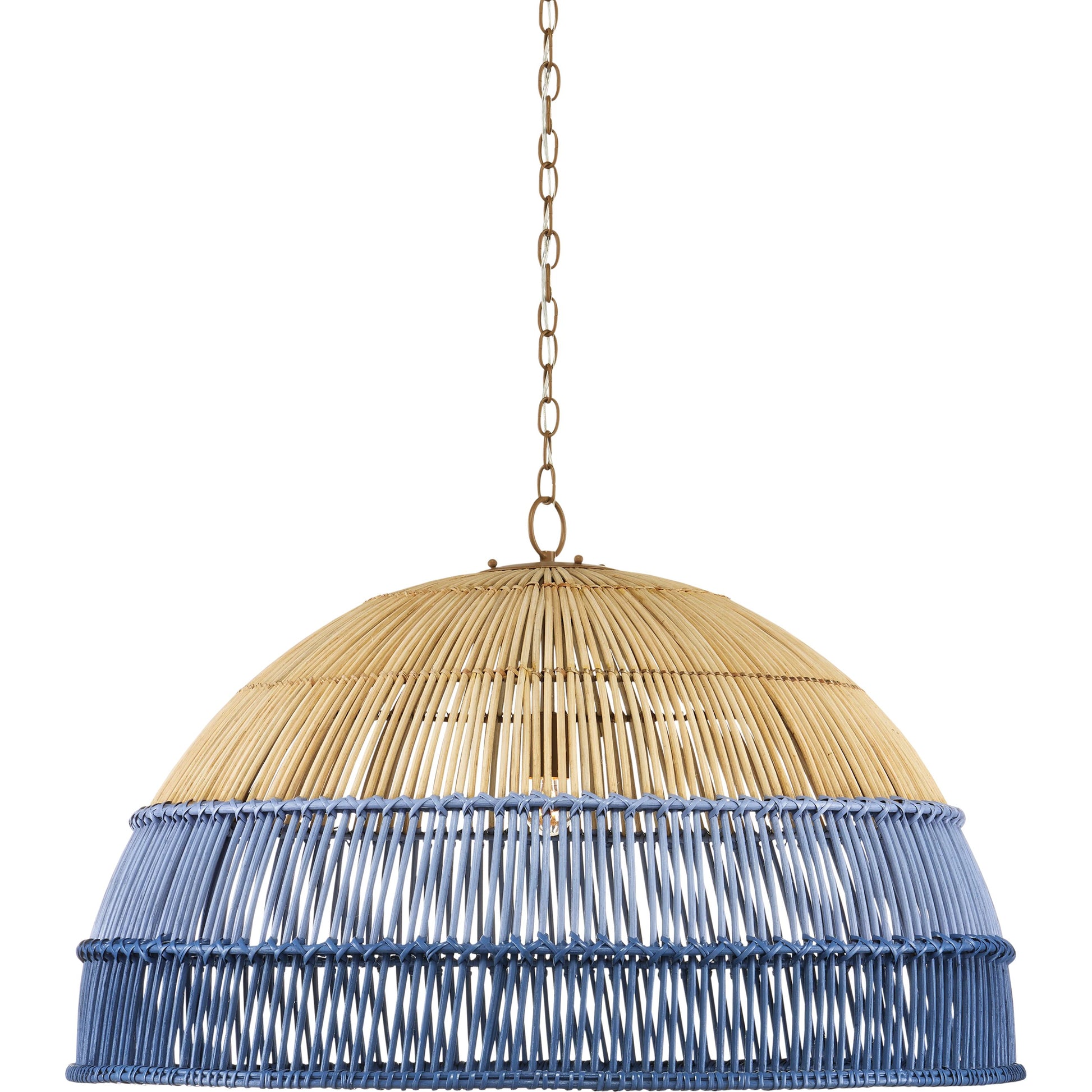 Senjyo Pendant by Currey and Company in khaki, cornflower blue, bluebonnet. Made from wrought iron, rattan in a coastal style.