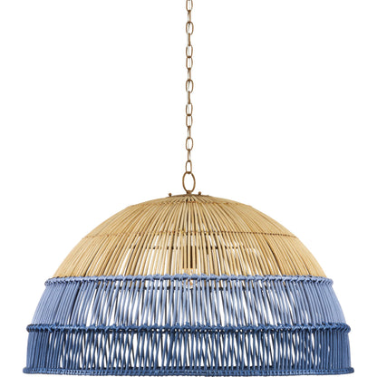 Senjyo Pendant by Currey and Company in khaki, cornflower blue, bluebonnet. Made from wrought iron, rattan in a coastal style.