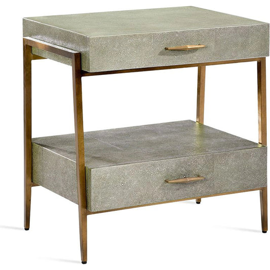 Morand Bedside Chest by Interlude Home in sorrel gray sharkskin, antique gold. Made from faux shagreen, metal in a modern style.