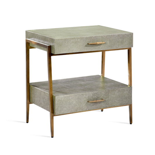 Morand Bedside Chest by Interlude Home in sorrel gray sharkskin, antique gold. Made from faux shagreen, metal in a modern style.