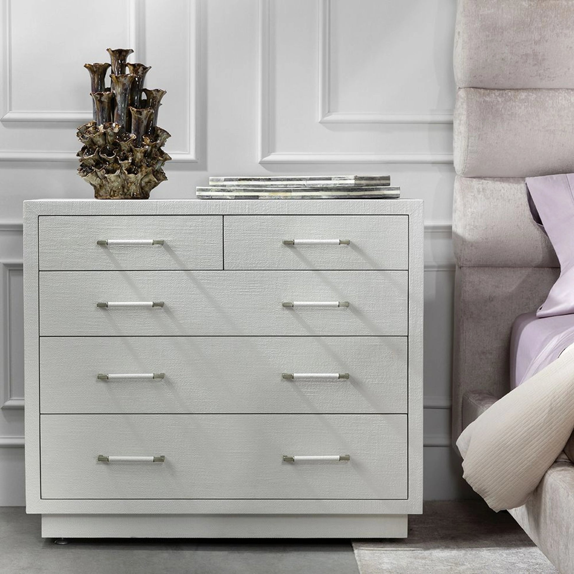 Taylor Chest by Interlude Home in natural white, champagne silver. Made from wood, faux linen, metal in a modern style.