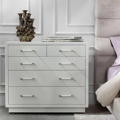 Taylor Chest by Interlude Home in natural white, champagne silver. Made from wood, faux linen, metal in a modern style.