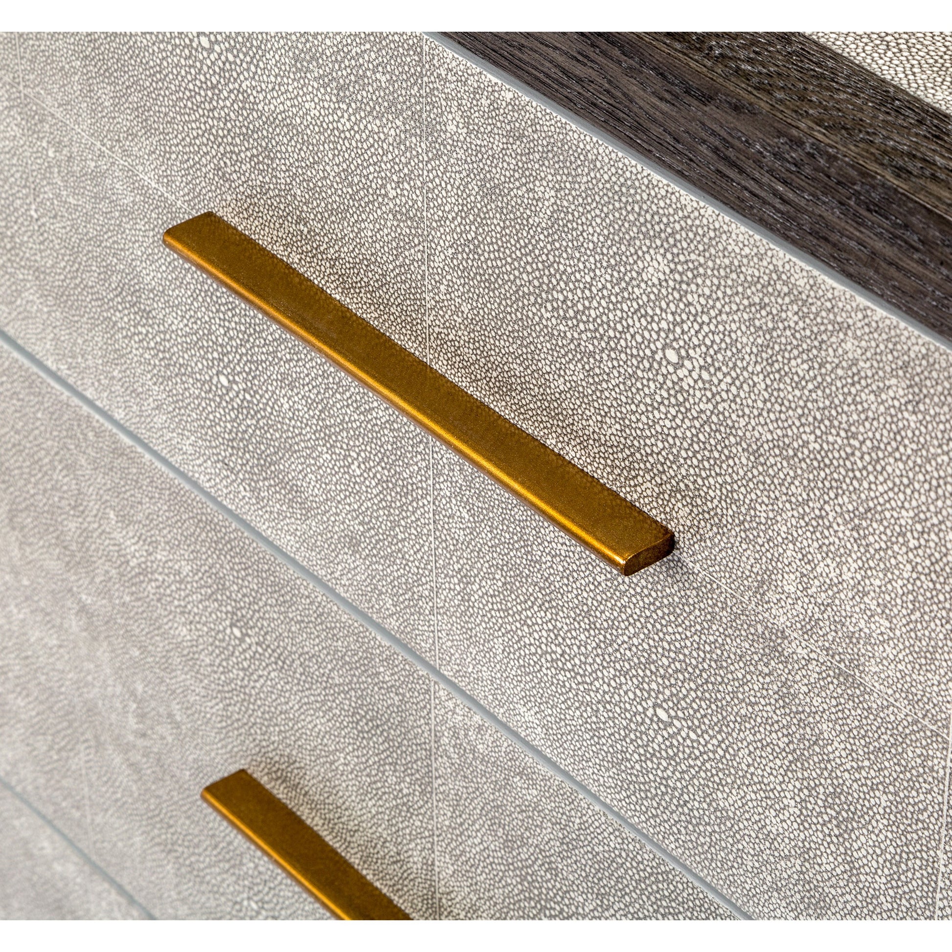 Maia Chest by Interlude Home in sorrel gray sharkskin, antique brass, vintage gray. Made from faux shagreen, metal, wood in a modern style.