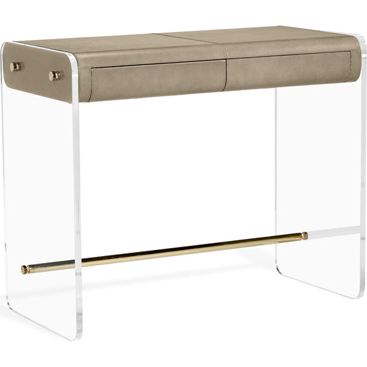 Cora Small Desk by Interlude Home in distressed glazed taupe, clear, polshed brass. Made from wood, leather, acrylic, metal in a modern style.
