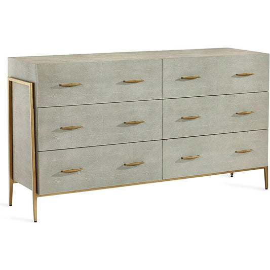Morand 6 Drawer Chest by Interlude Home in sorrel gray sharkskin, antique brass. Made from wood, faux shagreen, metal in a transitional style.