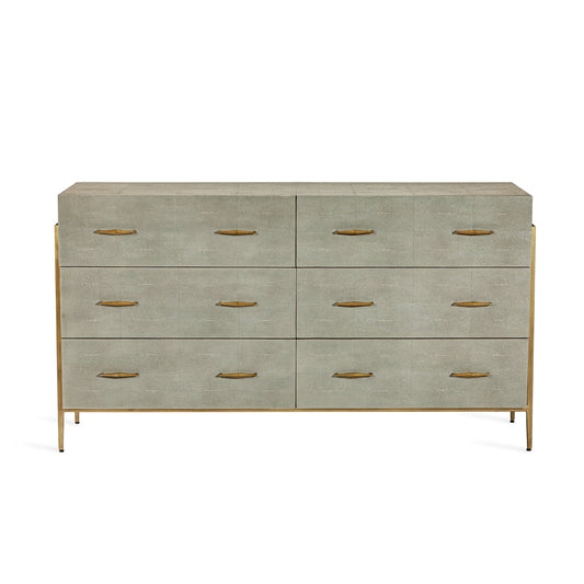 Morand 6 Drawer Chest by Interlude Home in sorrel gray sharkskin, antique brass. Made from wood, faux shagreen, metal in a transitional style.