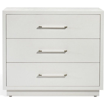 Taylor 3 Drawer Chest by Interlude Home in natural white, champagne silver. Made from wood, faux linen, metal in a modern style.