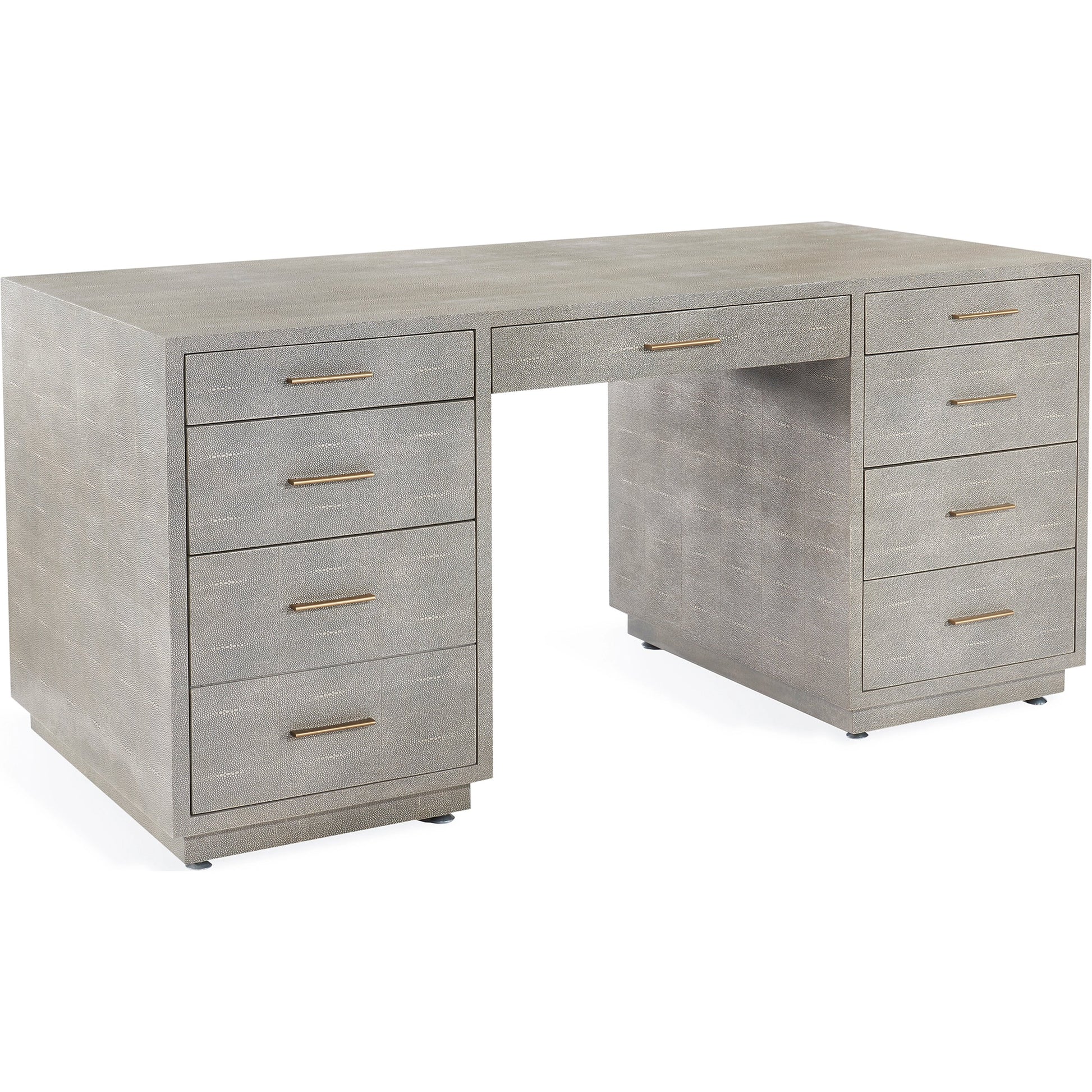 Livia Desk by Interlude Home in sorrel grey sharkskin, antique brass. Made from faux shagreen, iron in a modern style.