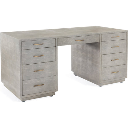 Livia Desk by Interlude Home in sorrel grey sharkskin, antique brass. Made from faux shagreen, iron in a modern style.