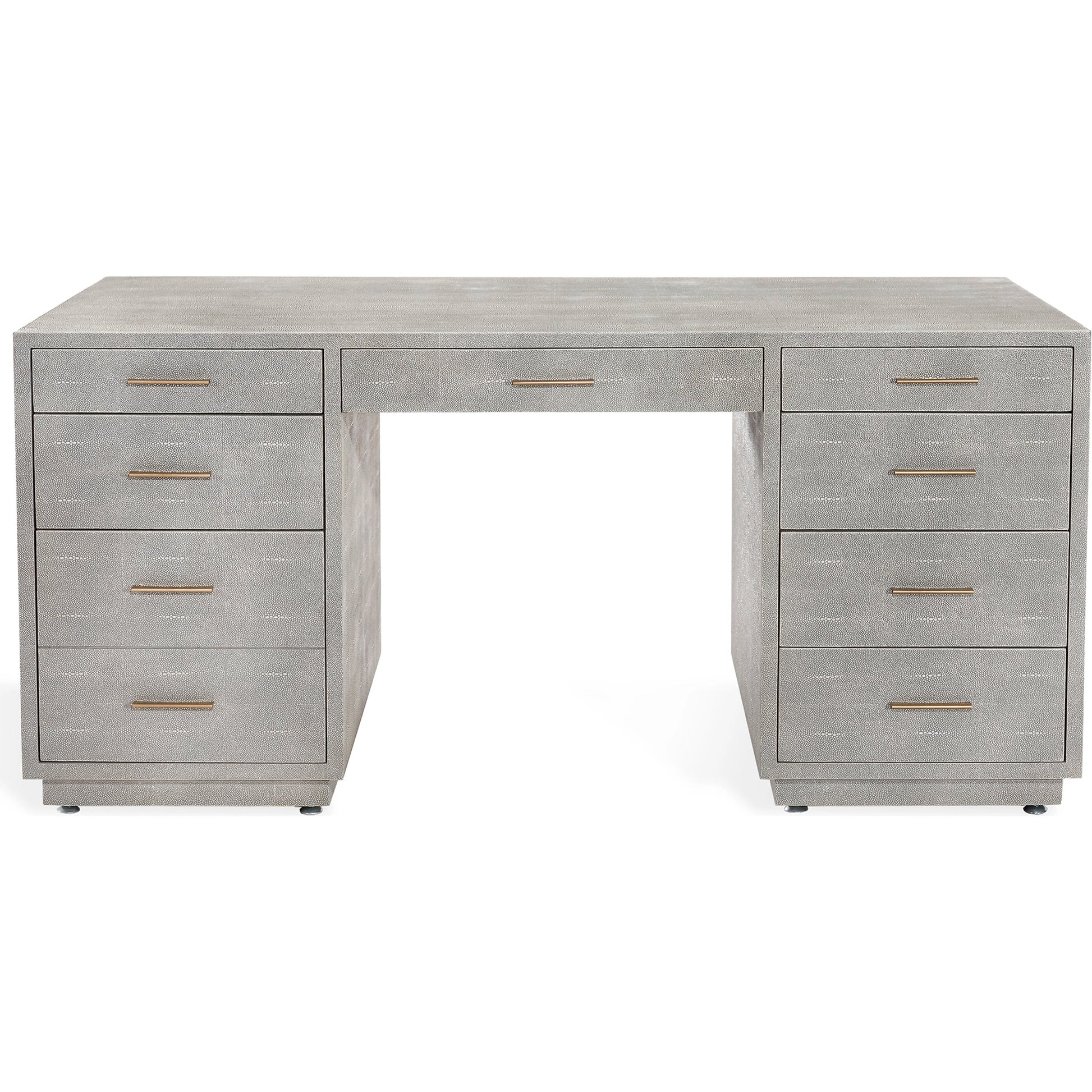 Livia Desk by Interlude Home in sorrel grey sharkskin, antique brass. Made from faux shagreen, iron in a modern style.