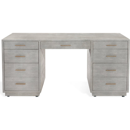 Livia Desk by Interlude Home in sorrel grey sharkskin, antique brass. Made from faux shagreen, iron in a modern style.