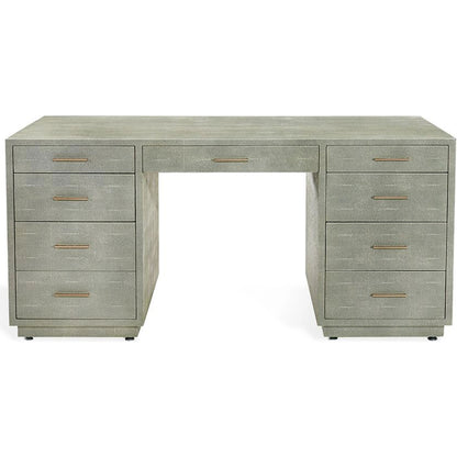 Livia Desk by Interlude Home in sorrel grey sharkskin, antique brass. Made from faux shagreen, iron in a modern style.