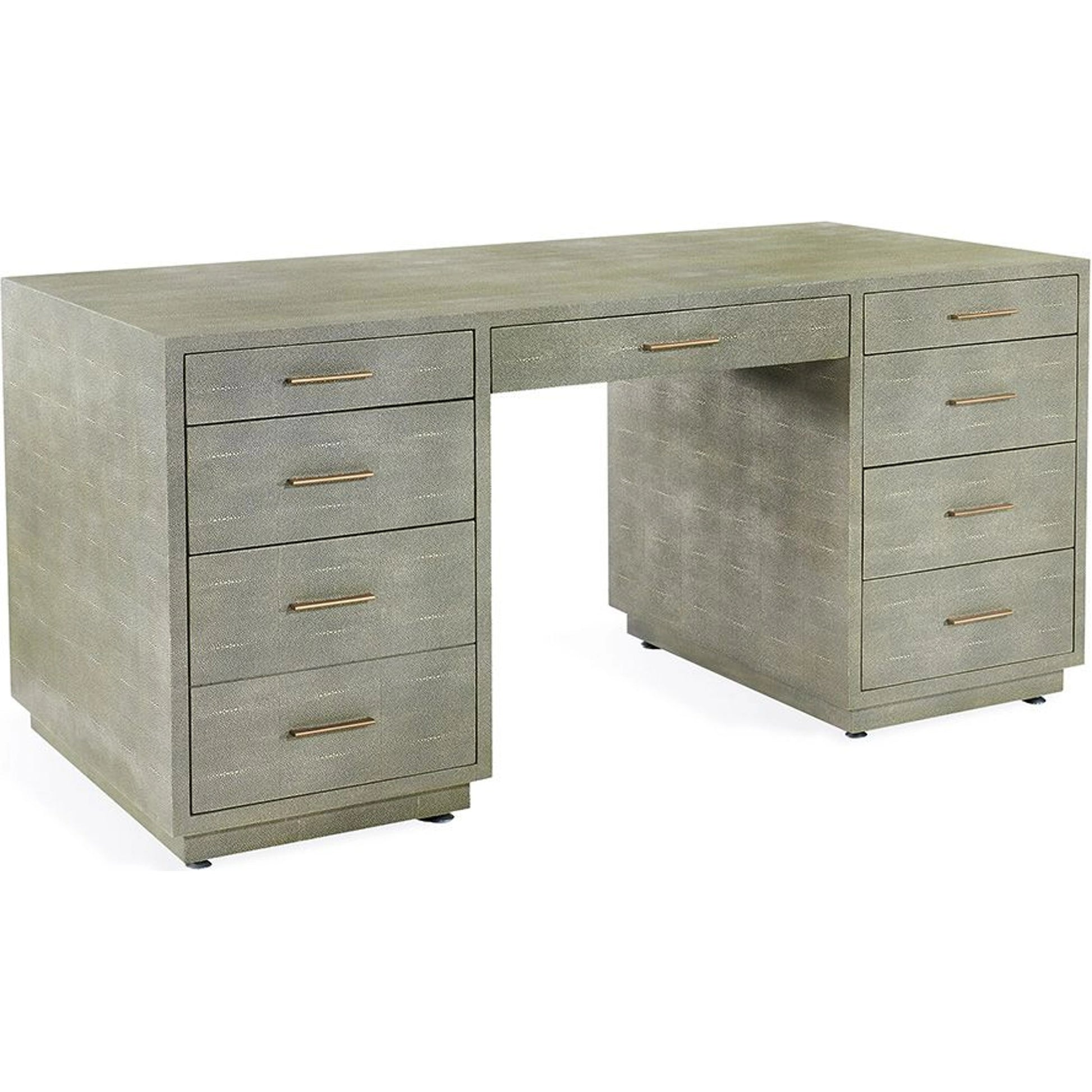 Livia Desk by Interlude Home in sorrel grey sharkskin, antique brass. Made from faux shagreen, iron in a modern style.