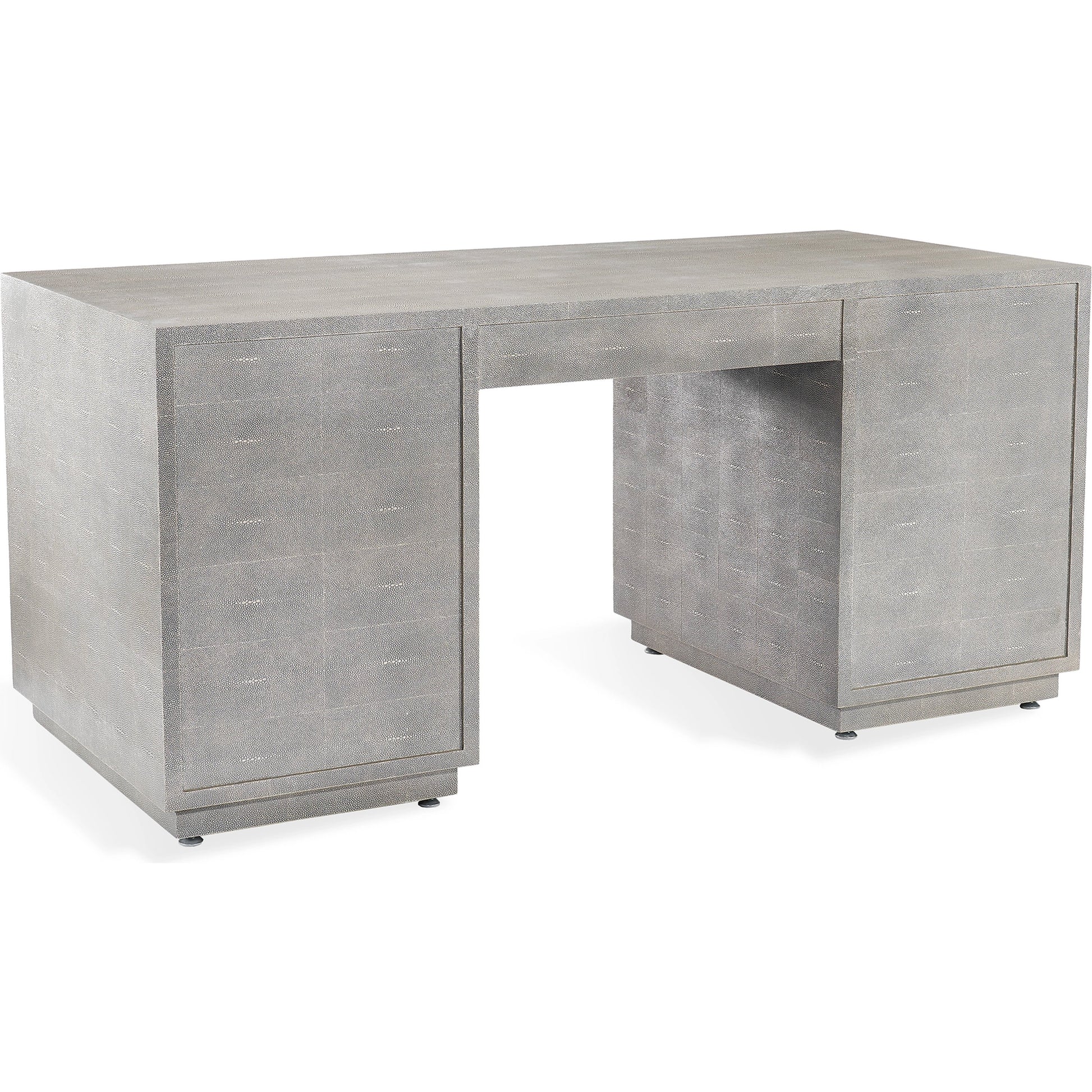 Livia Desk by Interlude Home in sorrel grey sharkskin, antique brass. Made from faux shagreen, iron in a modern style.