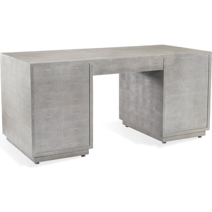 Livia Desk by Interlude Home in sorrel grey sharkskin, antique brass. Made from faux shagreen, iron in a modern style.
