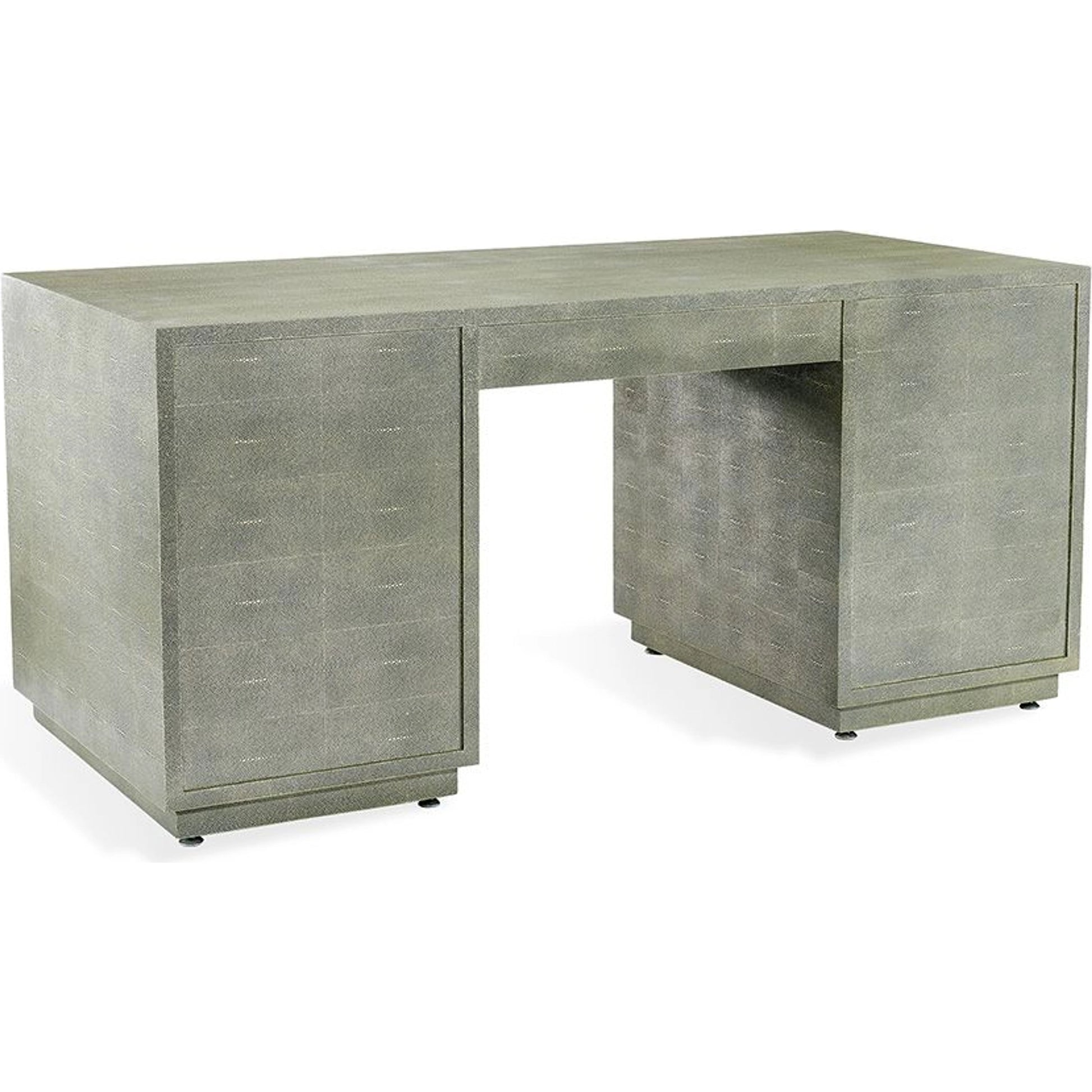 Livia Desk by Interlude Home in sorrel grey sharkskin, antique brass. Made from faux shagreen, iron in a modern style.