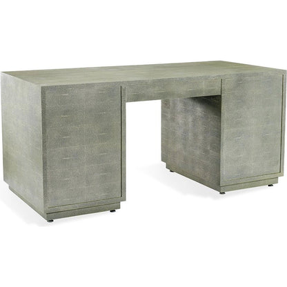 Livia Desk by Interlude Home in sorrel grey sharkskin, antique brass. Made from faux shagreen, iron in a modern style.