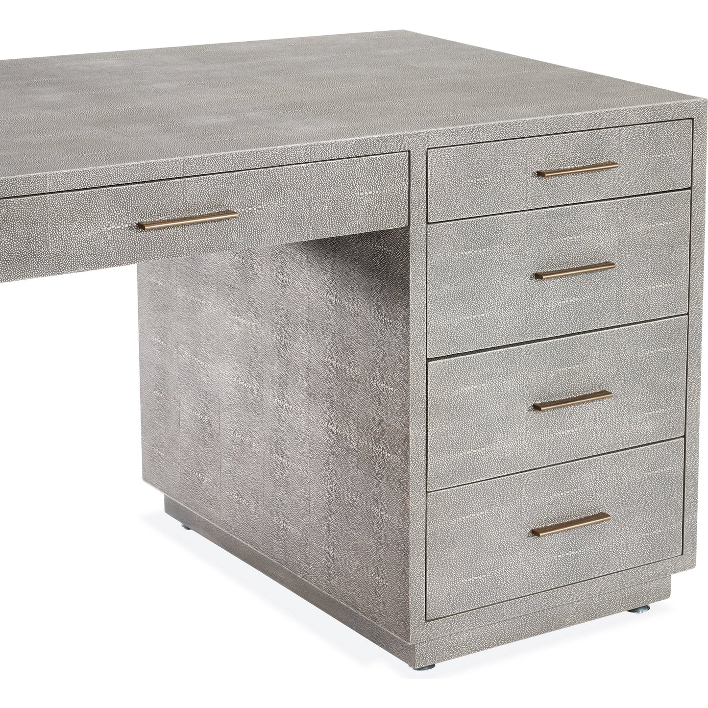 004 SI-1956152 | Closeup | Livia Desk by Interlude Home in sorrel grey sharkskin, antique brass. Made from faux shagreen, iron in a modern style.