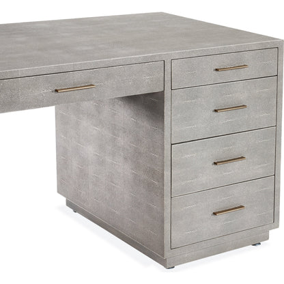 Livia Desk by Interlude Home in sorrel grey sharkskin, antique brass. Made from faux shagreen, iron in a modern style.