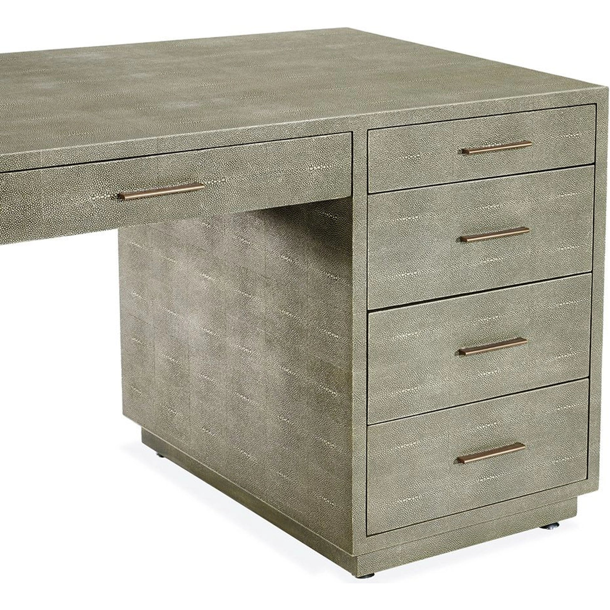 Livia Desk by Interlude Home in sorrel grey sharkskin, antique brass. Made from faux shagreen, iron in a modern style.